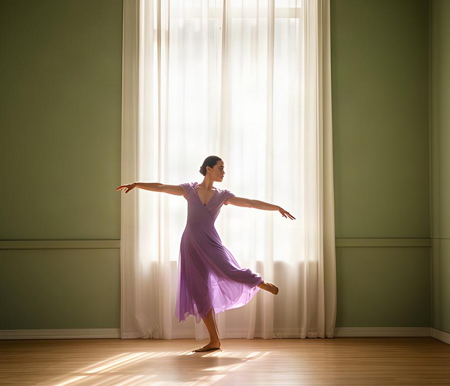 Bailarina contemporánea ensayando frente a un ventanal del estudio con luz natural